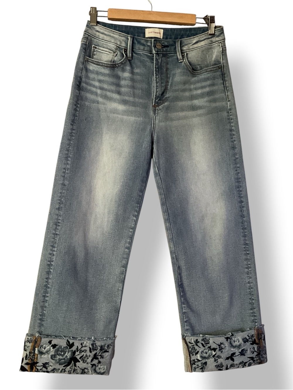 Driftwood Jeans 27 Charlee Cuff High Rise Straight Floral Denim Blue Boho Artsy